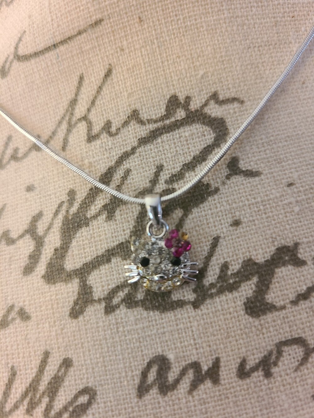 Vintage Hello Kitty Silvertone Pendant Necklace with Crystals